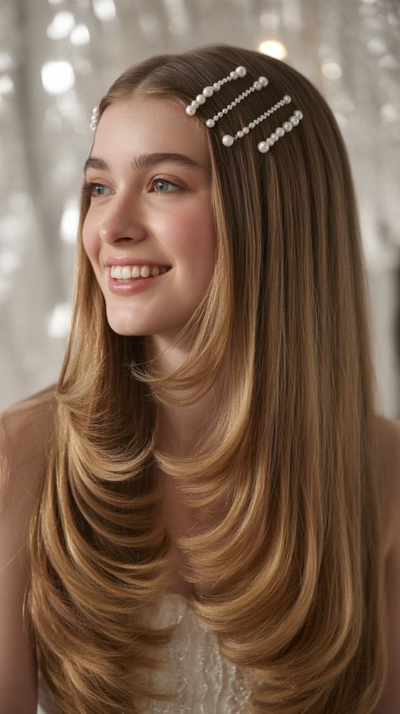 Straight Hair with Pearl Pins