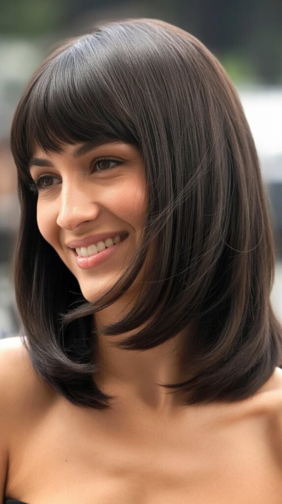 Long Bob with Dramatically Deep Side Part and Statement Curtain Bangs