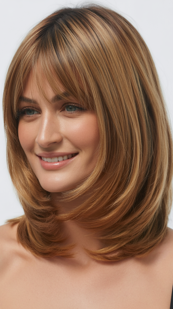 Long Bob with Layered Dimension and Curtain Bangs for Round Faces