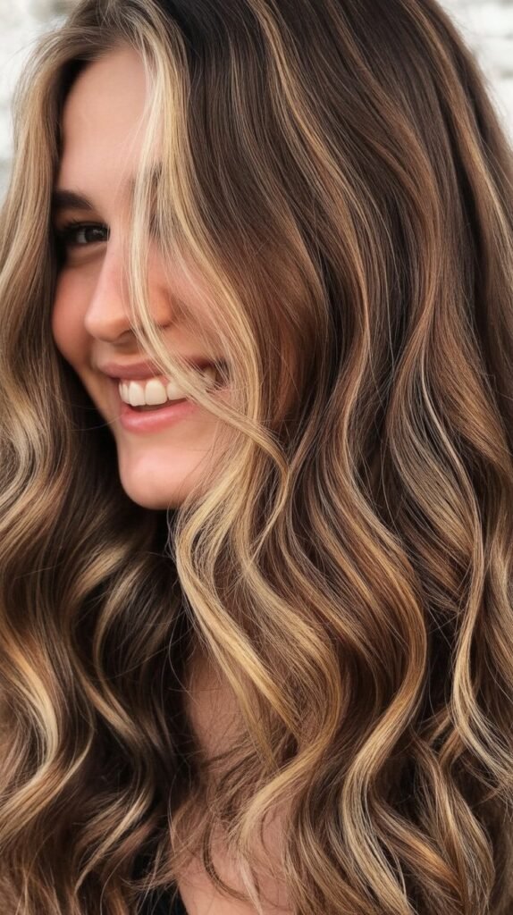 Soft Blonde Highlights on Wavy Brown Hair