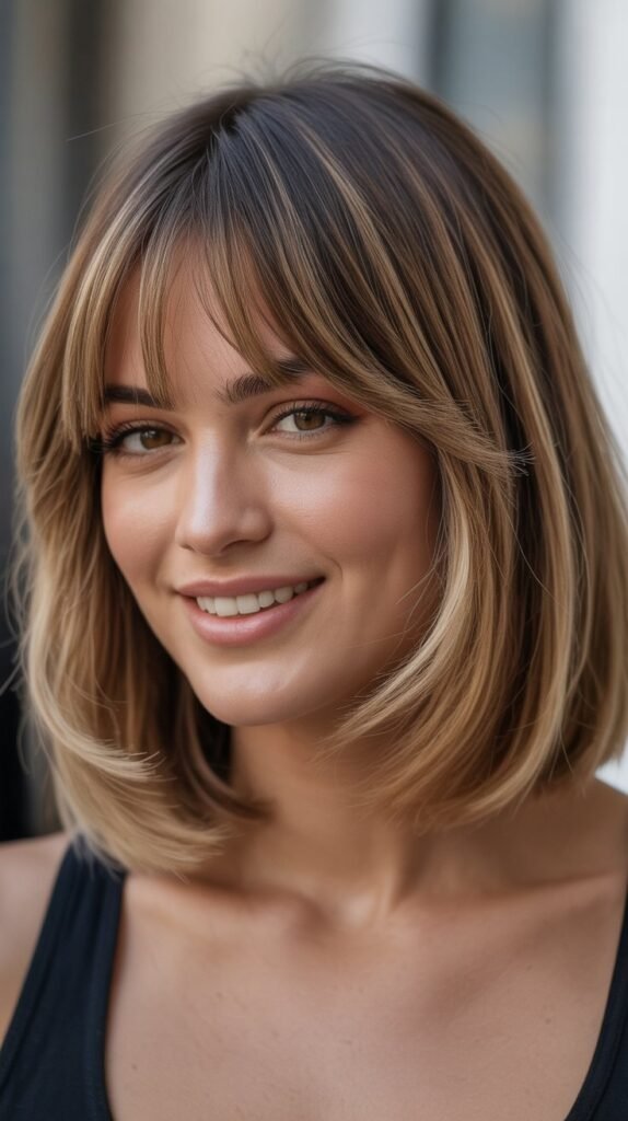 Beautiful Long Bob with Curtain Bangs Layered Look