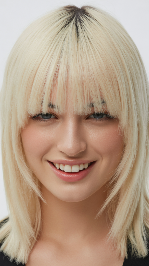 Thick Blunt Bangs with Straight Platinum Blonde Hair