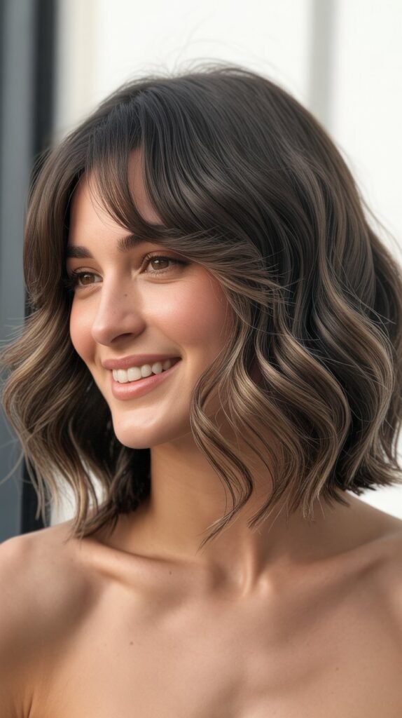 Wavy Long Bob with Loose Layers and Curtain Bangs