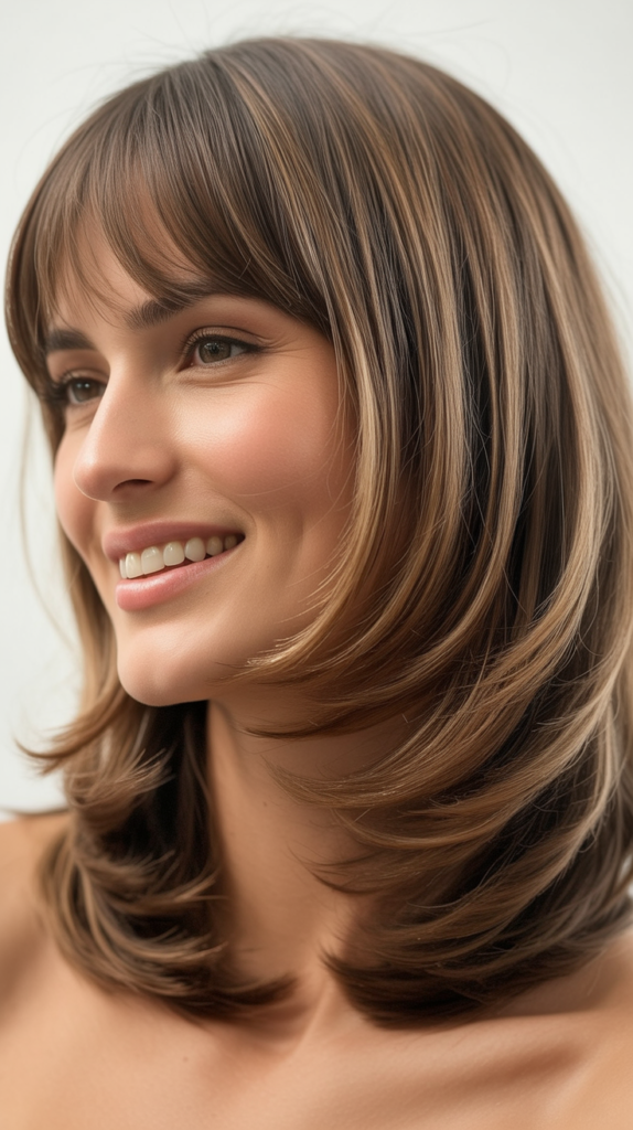 Long Bob with Bouncy Layers and Curtain Bangs