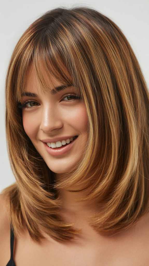 Long Bob with Balayage, Soft Layers and Curtain Bangs