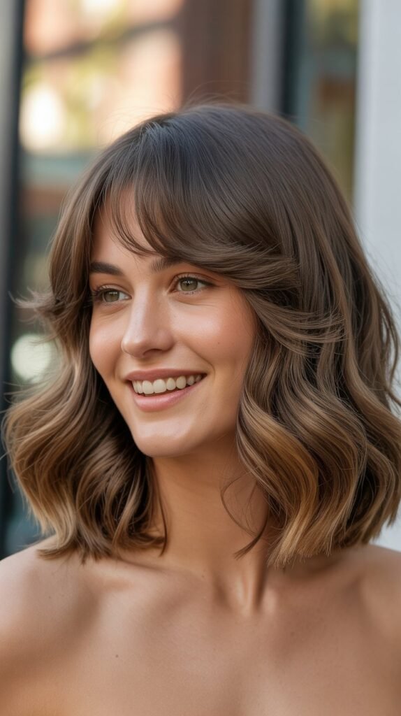 Wavy Long Bob with Feathered Curtain Bangs