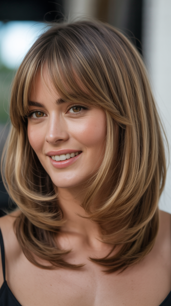 Layered Long Bob with Curtain Bangs and Money Pieces