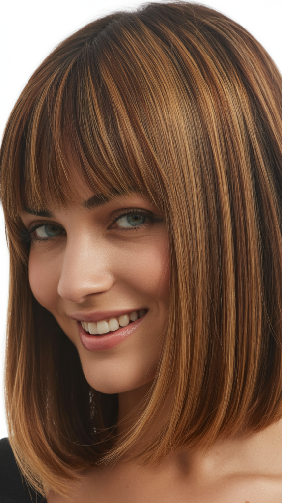 Brow-Skimming Bangs with Straight Hair and Highlights