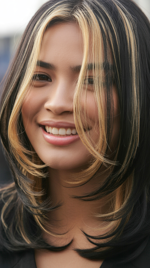 Blonde Highlights on Black Layered Hair