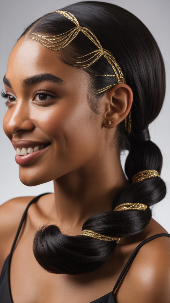Straight Ponytail with Gold Thread