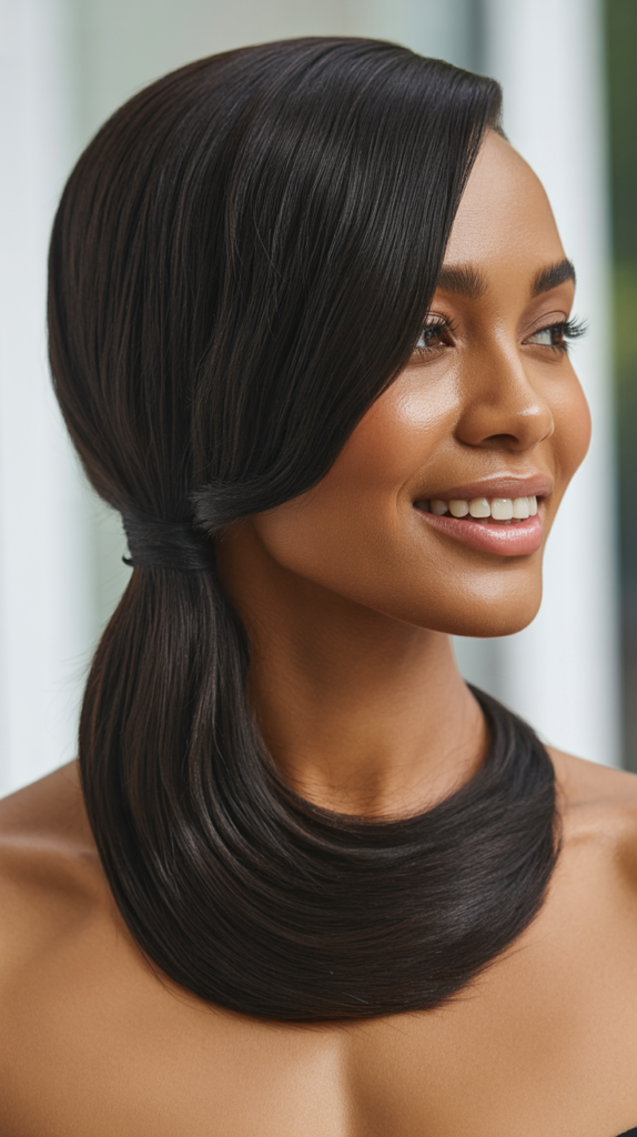 Sleek Low Ponytail with Deep Side Part