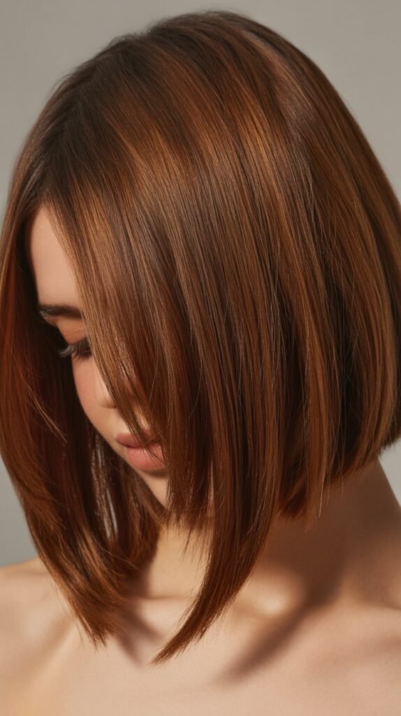 Angled Long Bob with Soft Curtain Bangs