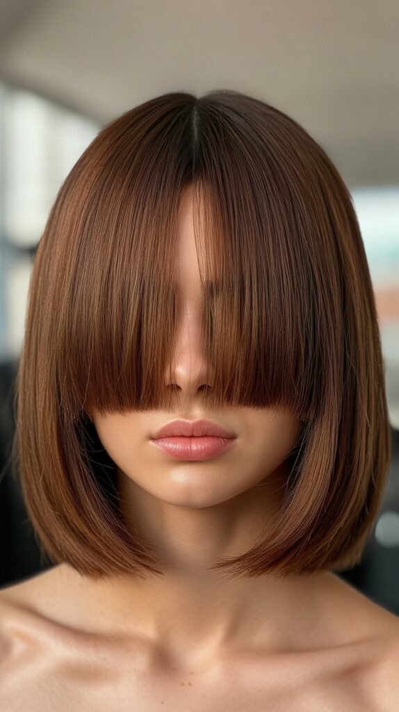 Blunt Long Bob with Straight-Across Curtain Bangs