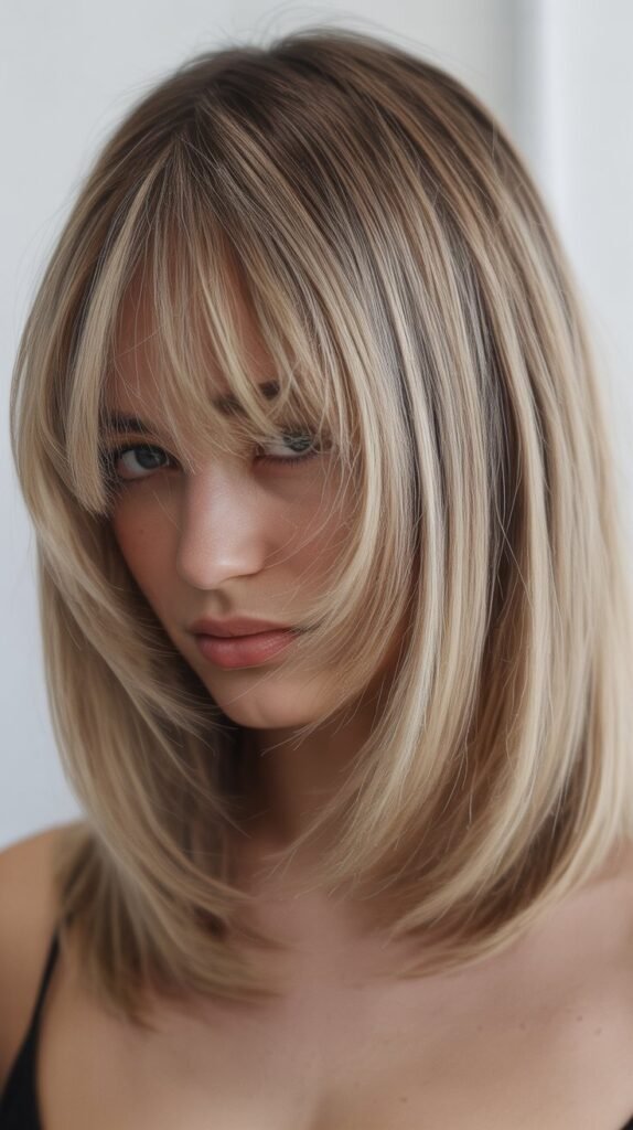 Ash Blonde Long Bob with Textured Curtain Bangs