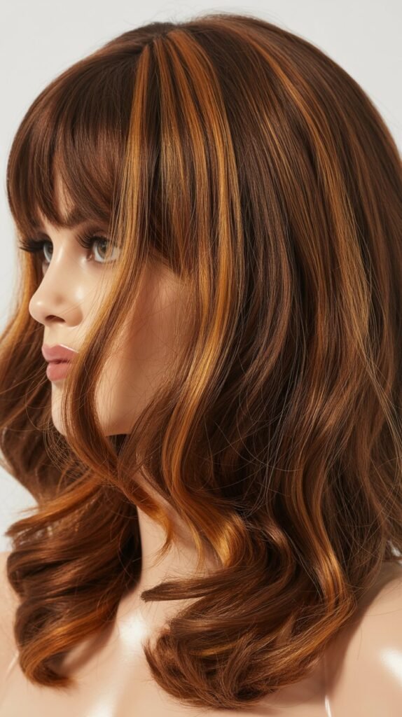Brown Wig with Caramel Highlights and Bangs