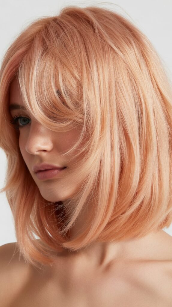 Rose Gold Blonde Long Bob with Piecey Curtain Bangs