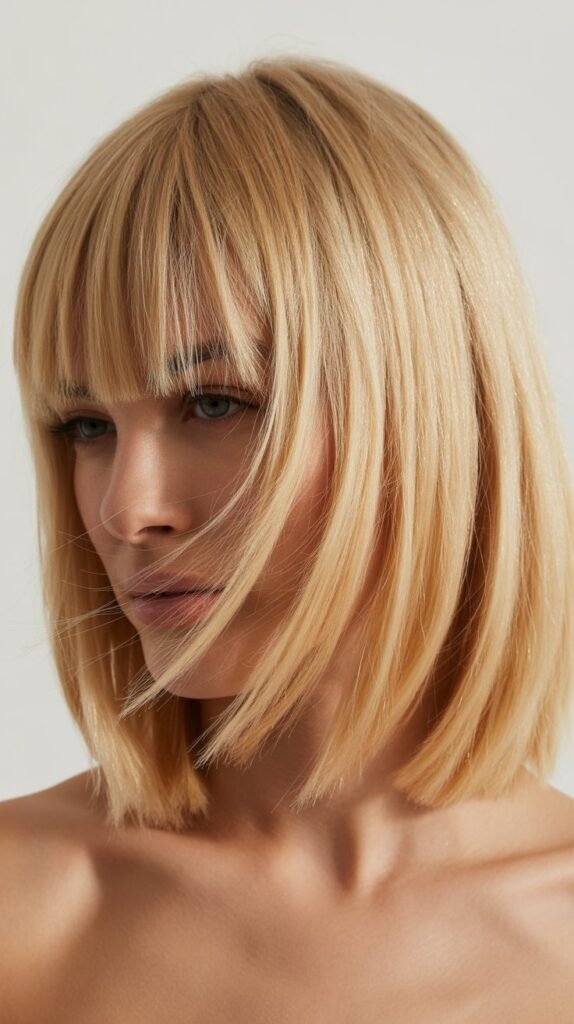 Beige Blonde Long Bob with Choppy Curtain Bangs