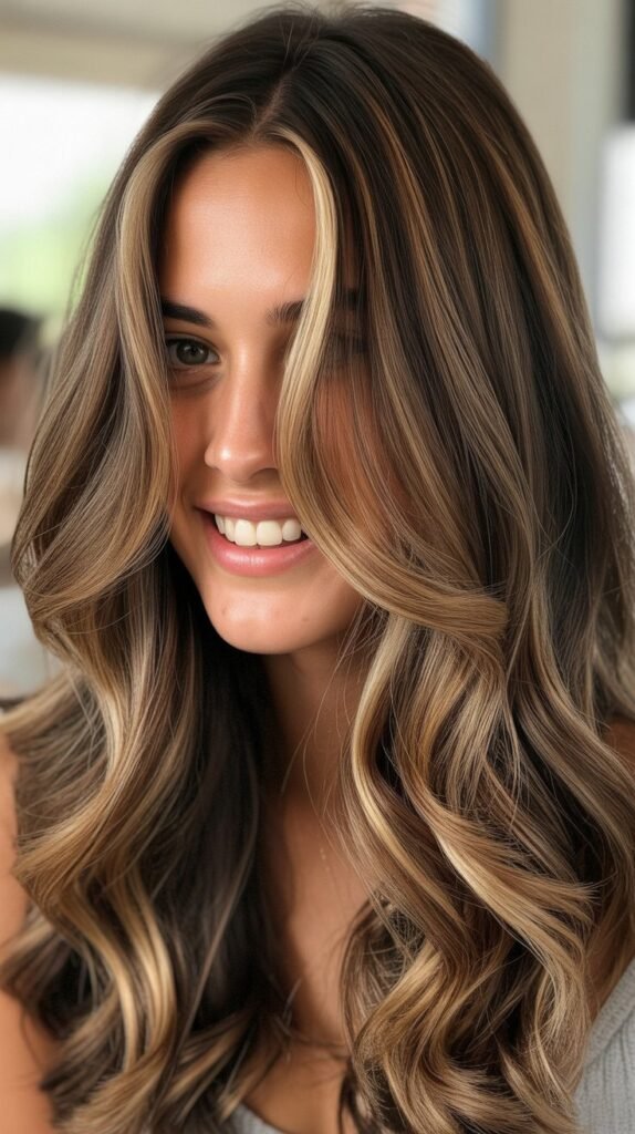 Layered Brunette Balayage with Chunky Money Piece