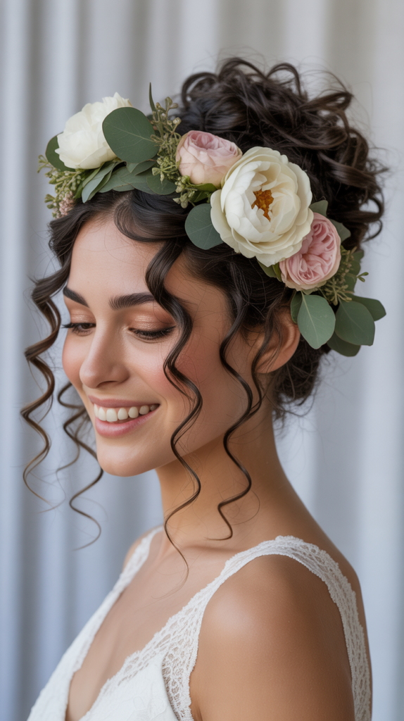 Curly Updo with Fresh Flower Crown