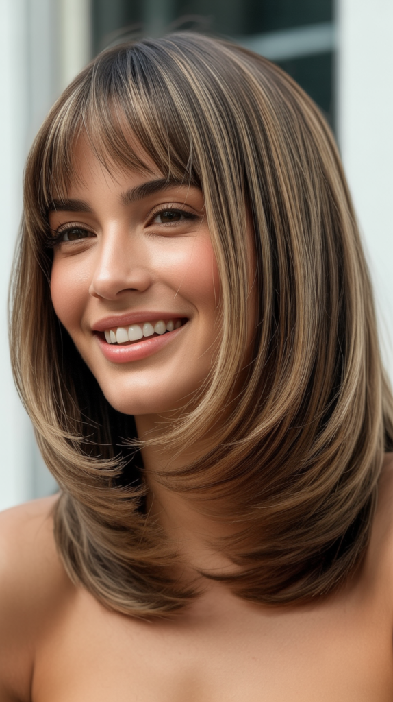 Long Bob with Layered Movement and Curtain Bangs for Oval Faces