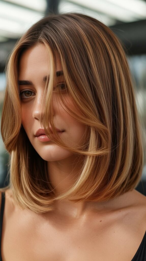 Caramel Blonde Lob with Angled Curtain Bangs