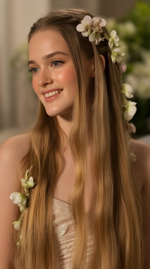 Straight Hair with Fresh Flowers