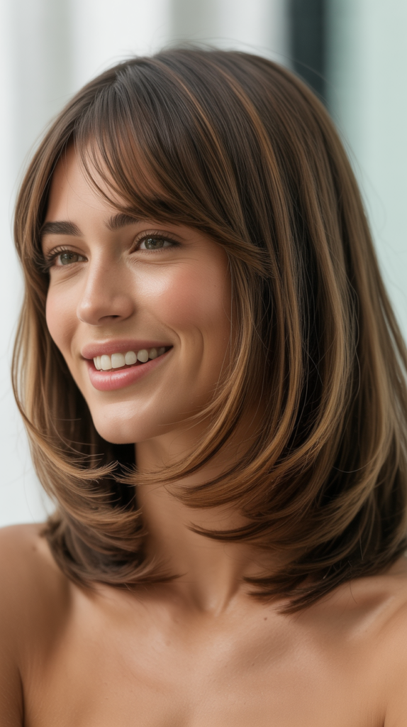 Long Bob with Long Layers and Curtain Bangs