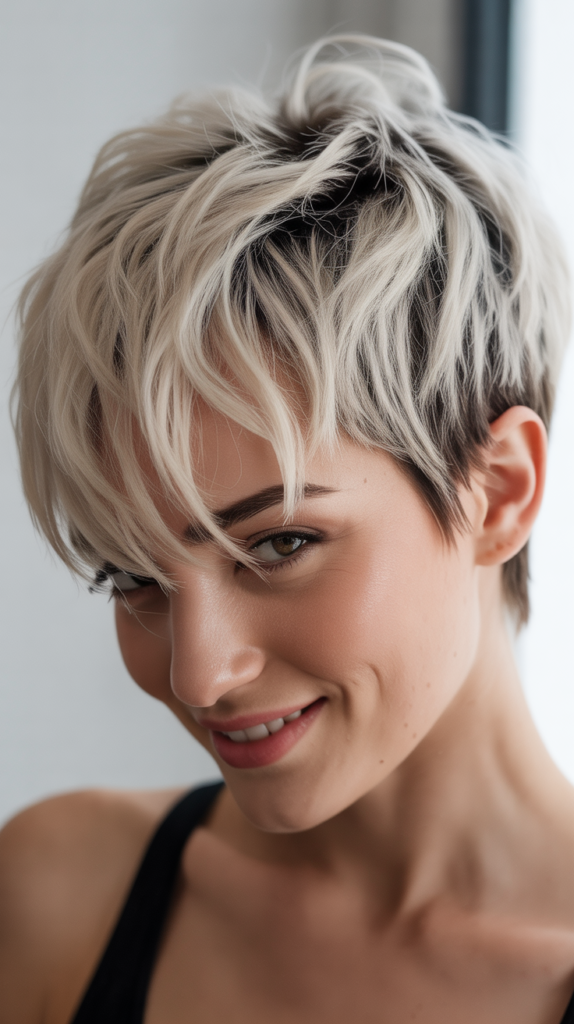 Platinum Blonde Messy Pixie with Dark Roots