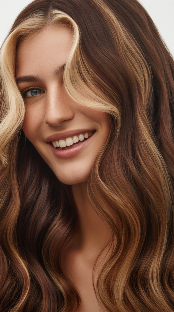 Chestnut Brown with Golden Blonde Ribbons and Money Piece