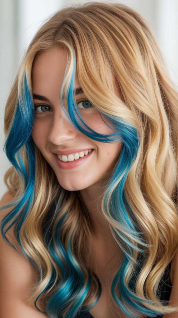 Golden Butter Blonde with Peacock Blue Streaks