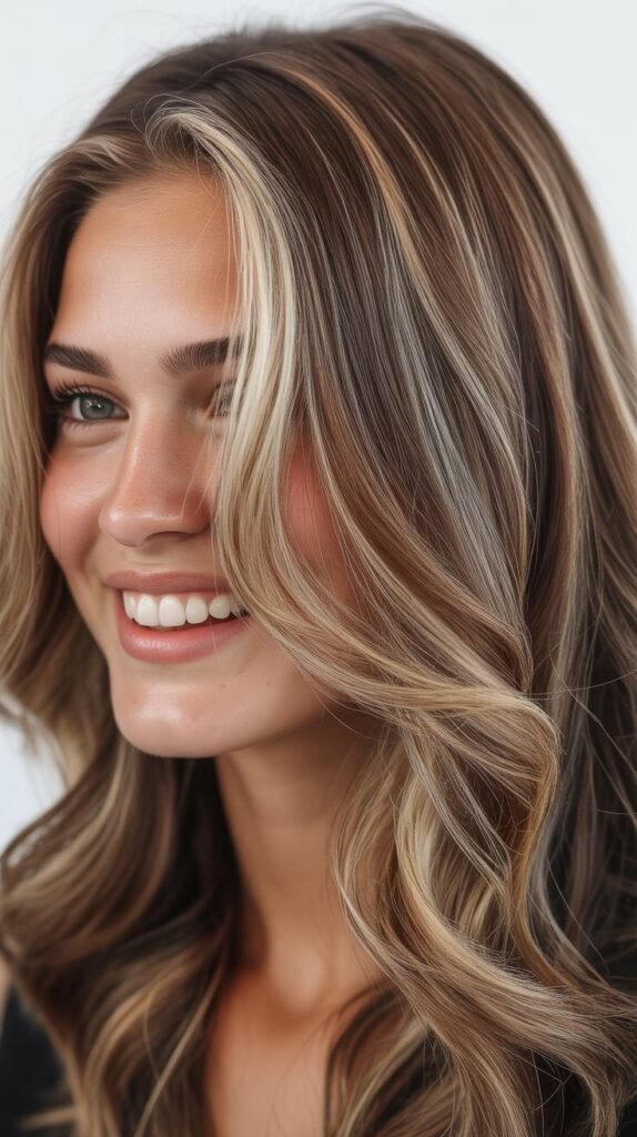 Cool-Toned Brown with Beige Blonde Highlights and Money Piece