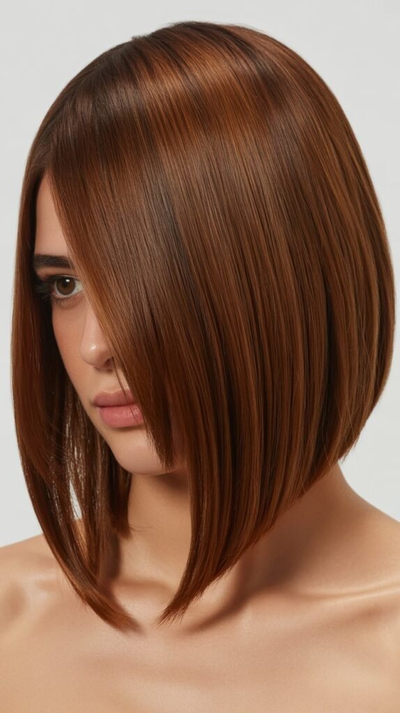 Asymmetrical Long Bob with Side-Swept Curtain Bangs