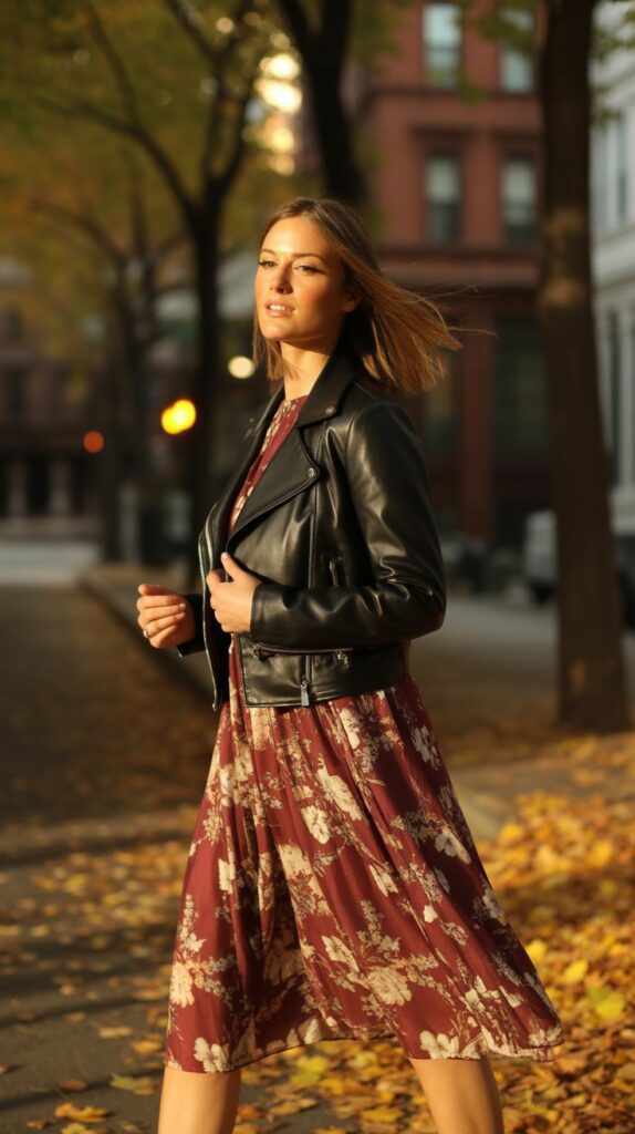 30 Best Casual Fall Outfits for Women 2025 2 Leather Jacket with Midi Dress