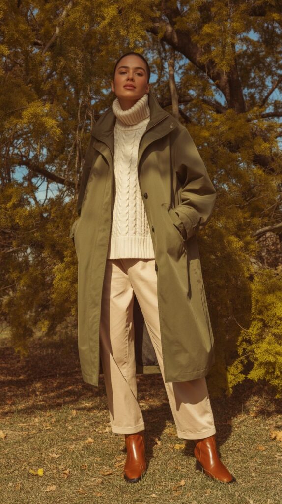 28 Classy Winter Outfits for Women for an Elegant Cold-Weather Look 9 Olive Green Parka with Neutral Layers