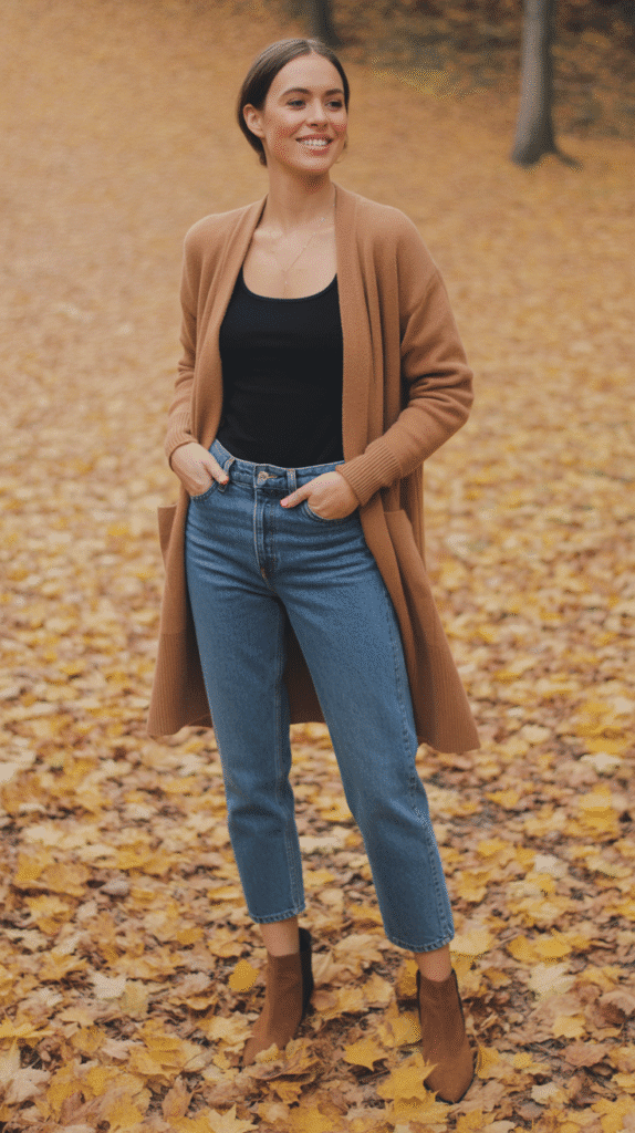 32 Casual Fall Outfits for Women with Jeans 7 Cropped Jeans with Ankle Boots and Long Cardigan