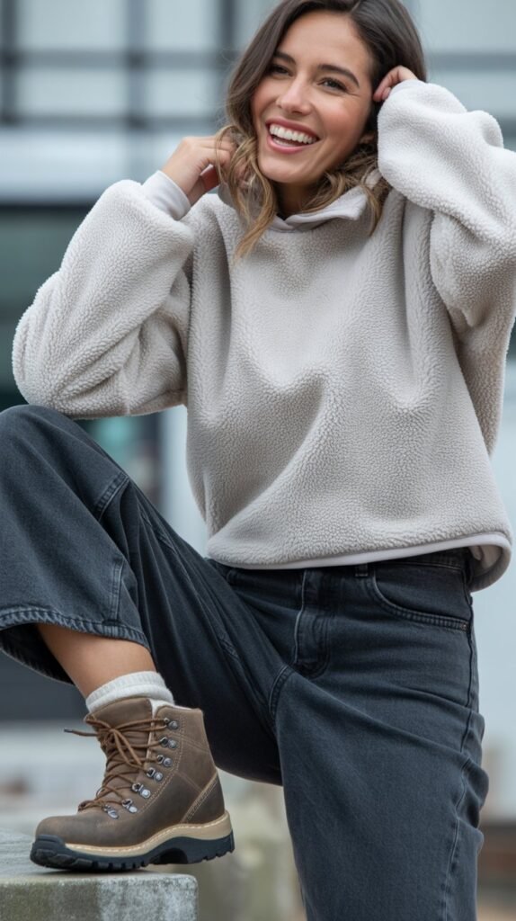 Fleece Pullover with High-Waisted Jeans and Hiking Boots