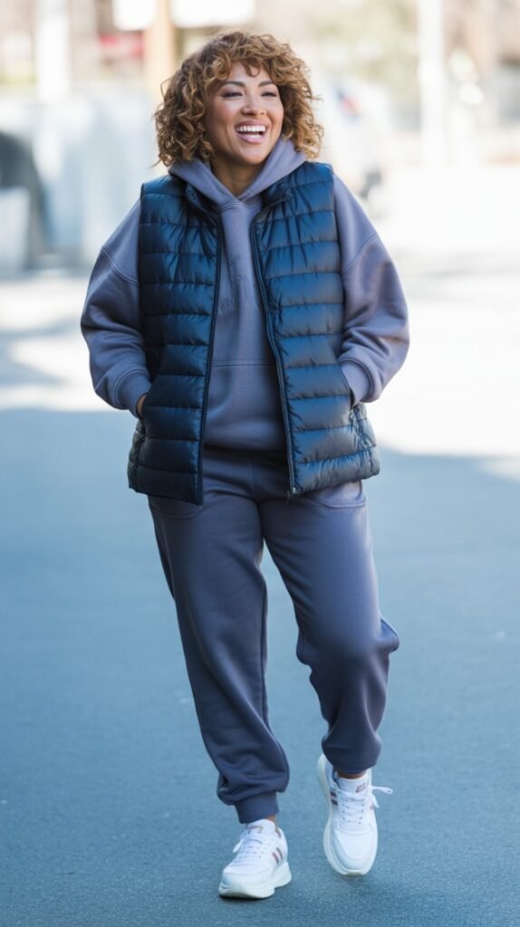 Quilted Vest Over Hoodie with Joggers and Sneakers