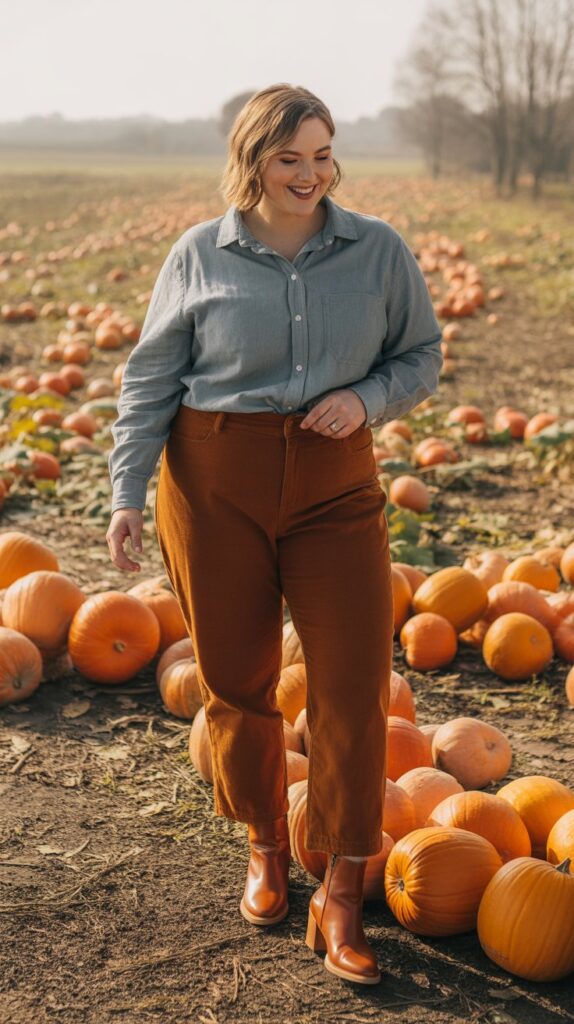 27 Flattering Casual Fall Outfits for Plus-Size Women 12 Chambray Shirt with Corduroy Pants