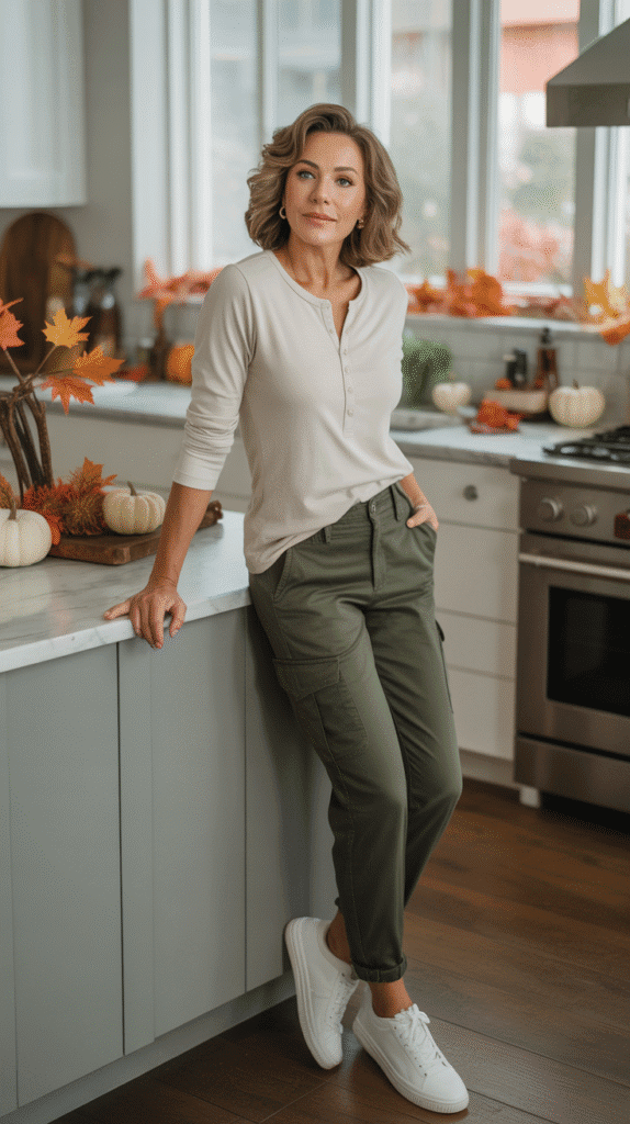 30 Stylish Casual Fall Outfits for Women Over 40 24 Henley Top with Cargo Pants