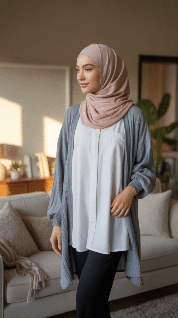 25 Modest Winter Outfits for Women with Hijab That Stay Fashionable 3 Layered Cardigan Over Tunic and Pants