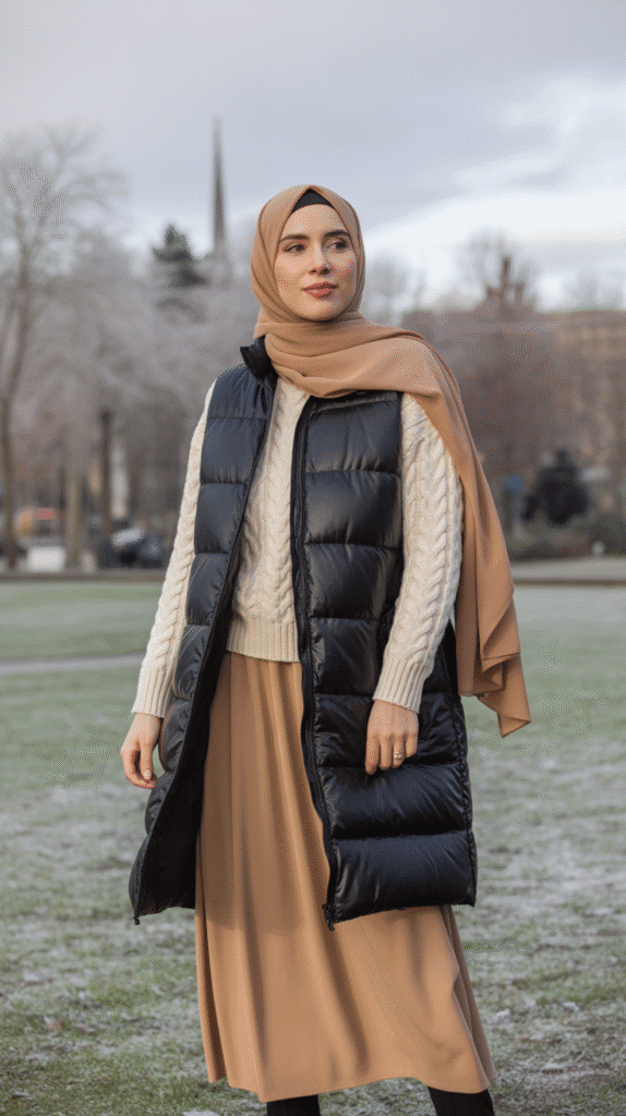 25 Modest Winter Outfits for Women with Hijab That Stay Fashionable 15 Longline Puffer Vest Over Sweater and Midi Skirt