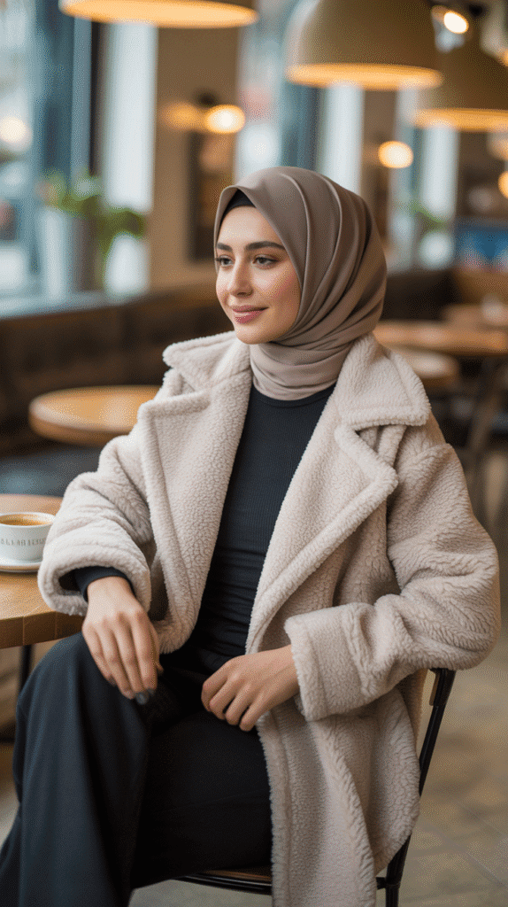 25 Modest Winter Outfits for Women with Hijab That Stay Fashionable 23 Teddy Coat Over Monochrome Outfit