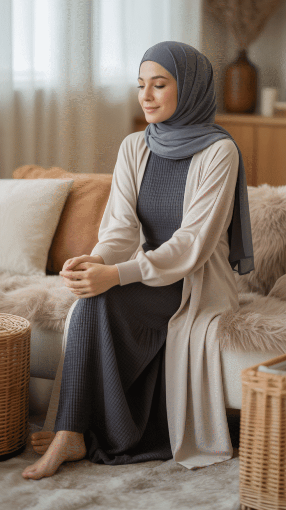 25 Modest Winter Outfits for Women with Hijab That Stay Fashionable 10 Knit Maxi Dress with Long Cardigan