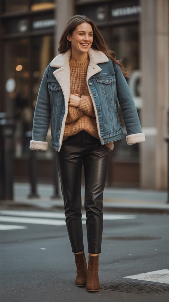 Denim Shearling Jacket with Sweater, Leather Pants, and Booties