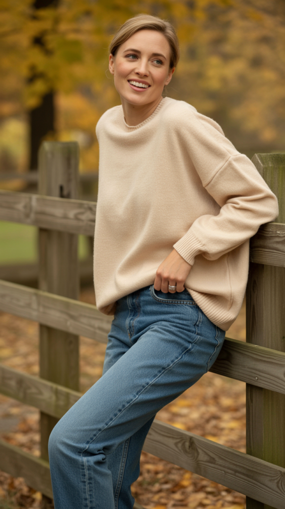 Classic Blue Jeans with Oversized Cream Sweater