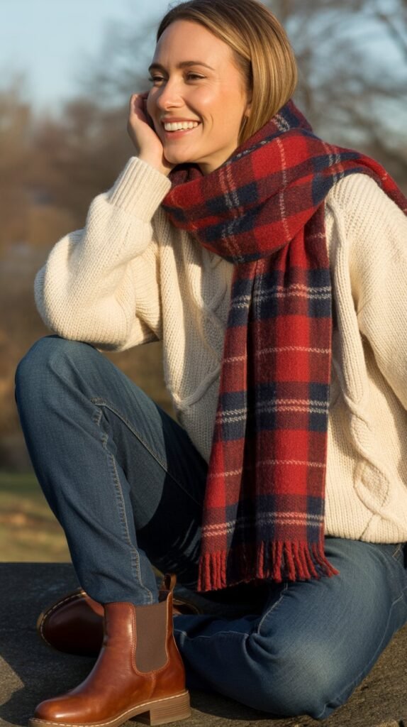 Wool Blend Sweater with Plaid Scarf, Dark Jeans, and Chelsea Boots