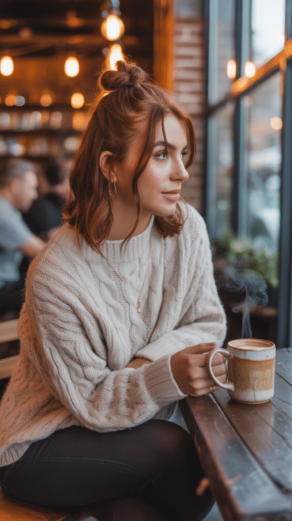 33 Beautiful Cute Winter Hairstyles for Medium Hair 15 Half-Up Top Knot