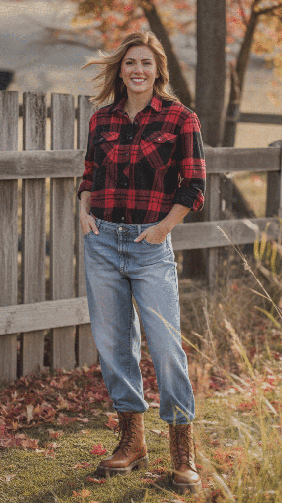 30 Chic Casual Fall Outfits for Women with Jeans 5 Plaid Shirt and Boyfriend Jeans