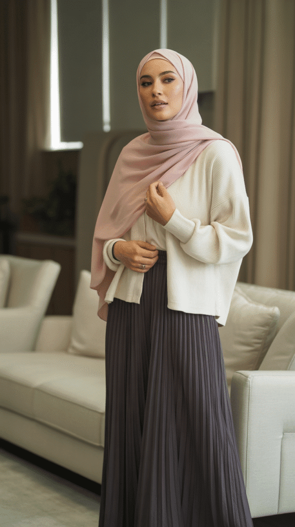 25 Modest Winter Outfits for Women with Hijab That Stay Fashionable 21 Pleated Maxi Skirt with Oversized Cardigan
