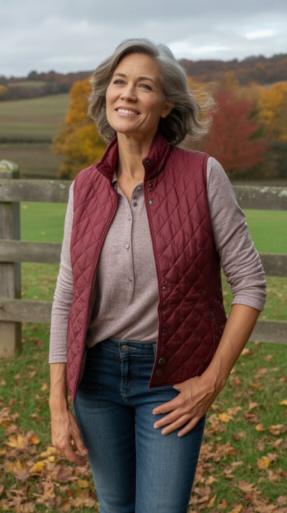 33 Classy Casual Fall Outfits for Women Over 50 15 Quilted Vest Over Long Sleeves
